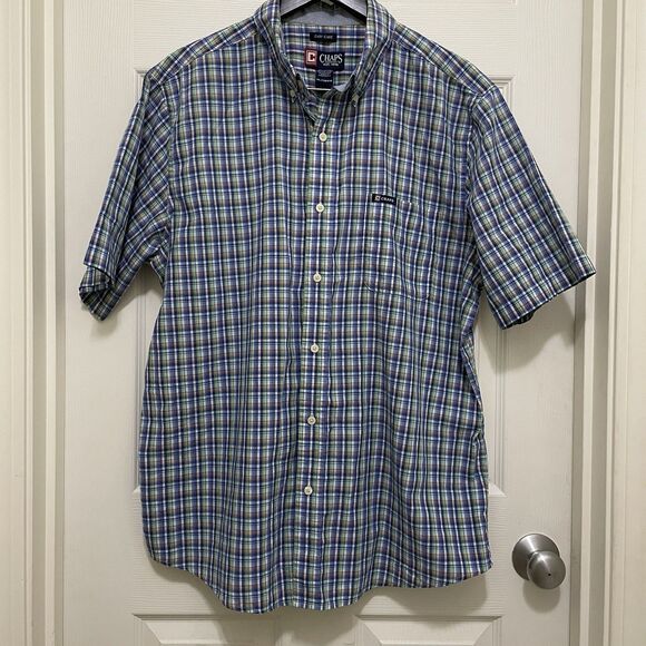 Chaps Short Sleeve Button Down Easy Care Shirt Blue Green Orange Plaid Men's XL - Picture 2 of 7